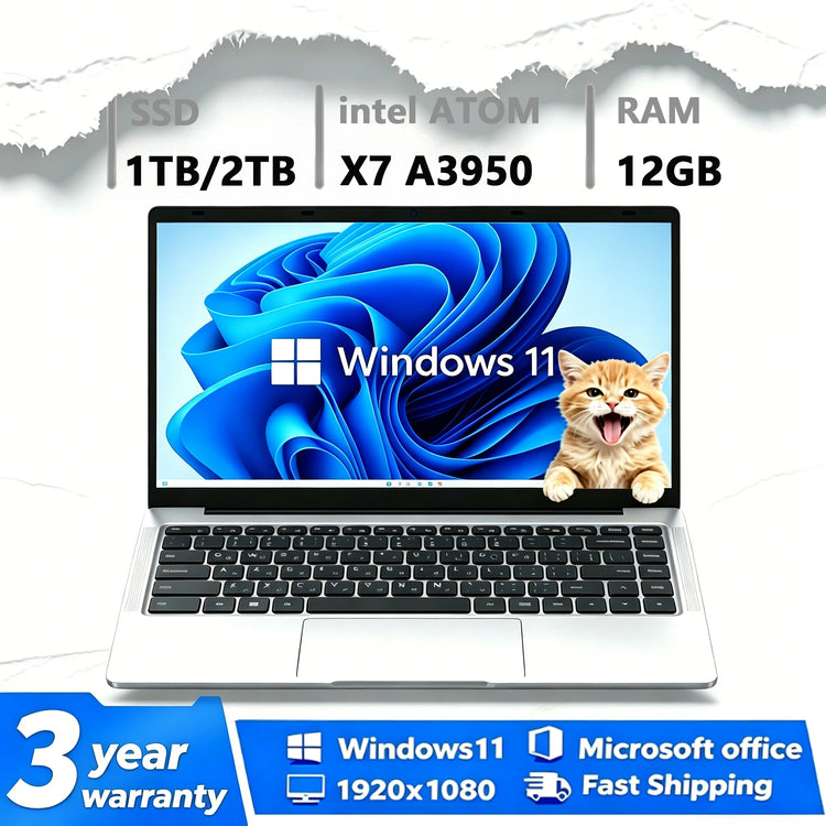 2026 New Laptop Computer Windows 11 Intel Atom X7 A3950 Notebook PC Gamer 12GB RAM 512GB 1TB SSD 1920*1080 Office Computer