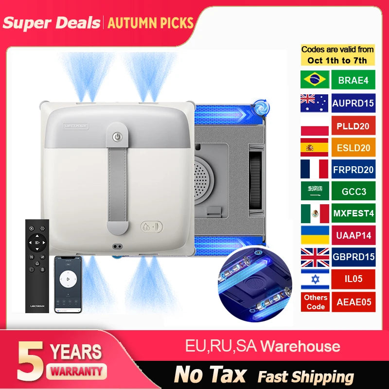Liectroux G9 Robot Window Cleaner,10000Pa,Dual Vibrating Bionic Arms,8-Way Water Pump Spray,Nano Cleaning Squeegee,Smart Memory