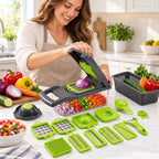 Effortless Multi-Functional Vegetable Chopper with 7 Interchangeable Blades, Quick & Uniform Dicing, Slicing, Grating & Shredding, BPA-Free Kitchen Tool with Container