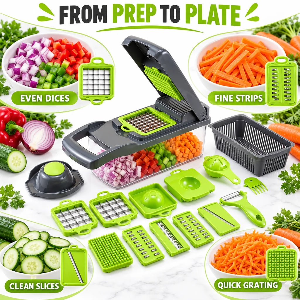 Effortless Multi-Functional Vegetable Chopper with 7 Interchangeable Blades, Quick & Uniform Dicing, Slicing, Grating & Shredding, BPA-Free Kitchen Tool with Container