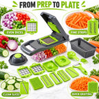 Effortless Multi-Functional Vegetable Chopper with 7 Interchangeable Blades, Quick & Uniform Dicing, Slicing, Grating & Shredding, BPA-Free Kitchen Tool with Container