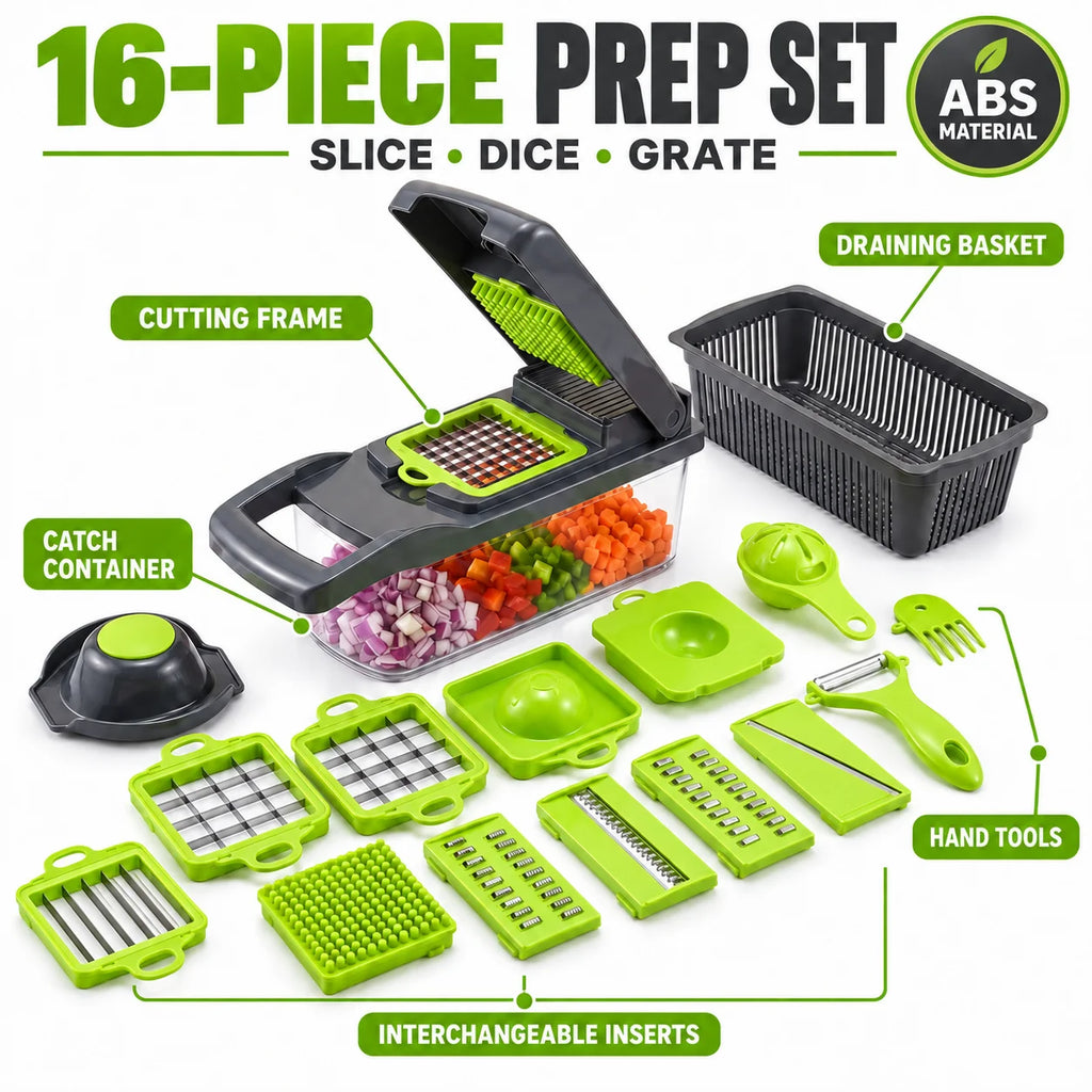 Effortless Multi-Functional Vegetable Chopper with 7 Interchangeable Blades, Quick & Uniform Dicing, Slicing, Grating & Shredding, BPA-Free Kitchen Tool with Container