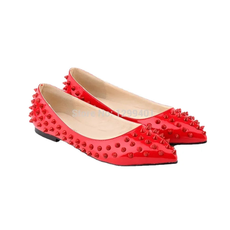 LOSLANDIFEN Womens Ladies Luxury Sexy Pointed Toe Faux Leather Patent Flats Dolly Ballet Rivets Court Shoes