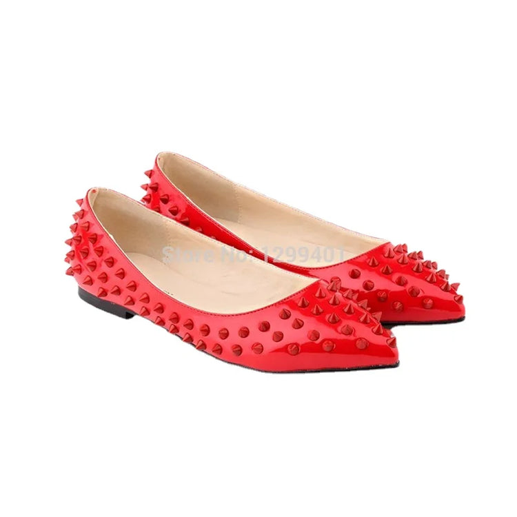 LOSLANDIFEN Womens Ladies Luxury Sexy Pointed Toe Faux Leather Patent Flats Dolly Ballet Rivets Court Shoes