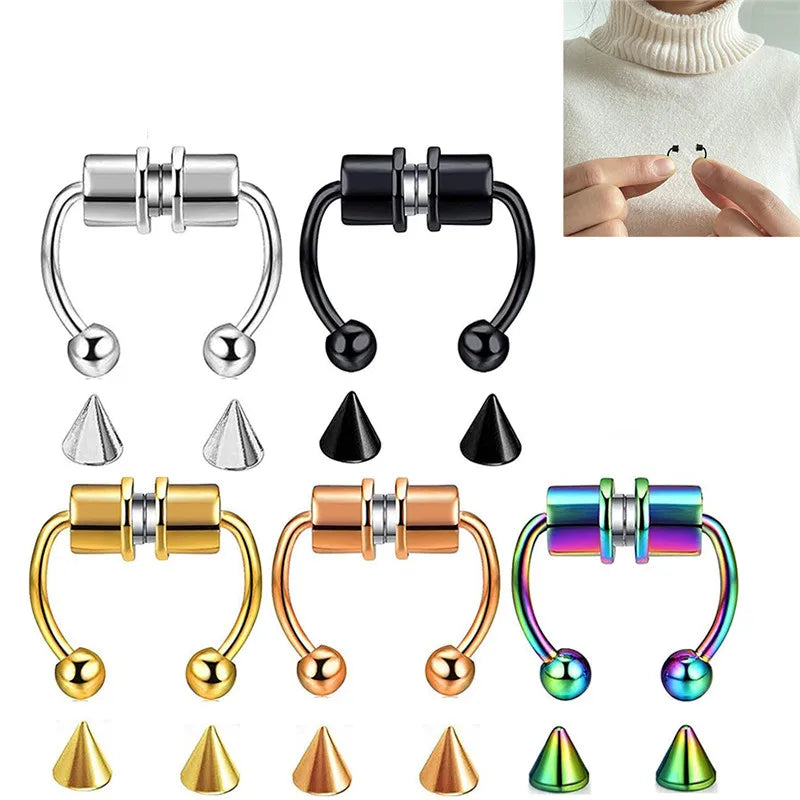 Women Fake Piercing Nose Ring Hoop Septum Piercing Nose Clip Rock HipHoop Stainless Steel Magnet Fashion Body Jewelry Wholesale