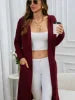 Women's Burgundy Long Hooded Cardigan Open Front Knit Sweater Coat Pockets Casual Loose Fit  Quick Dry for Autumn