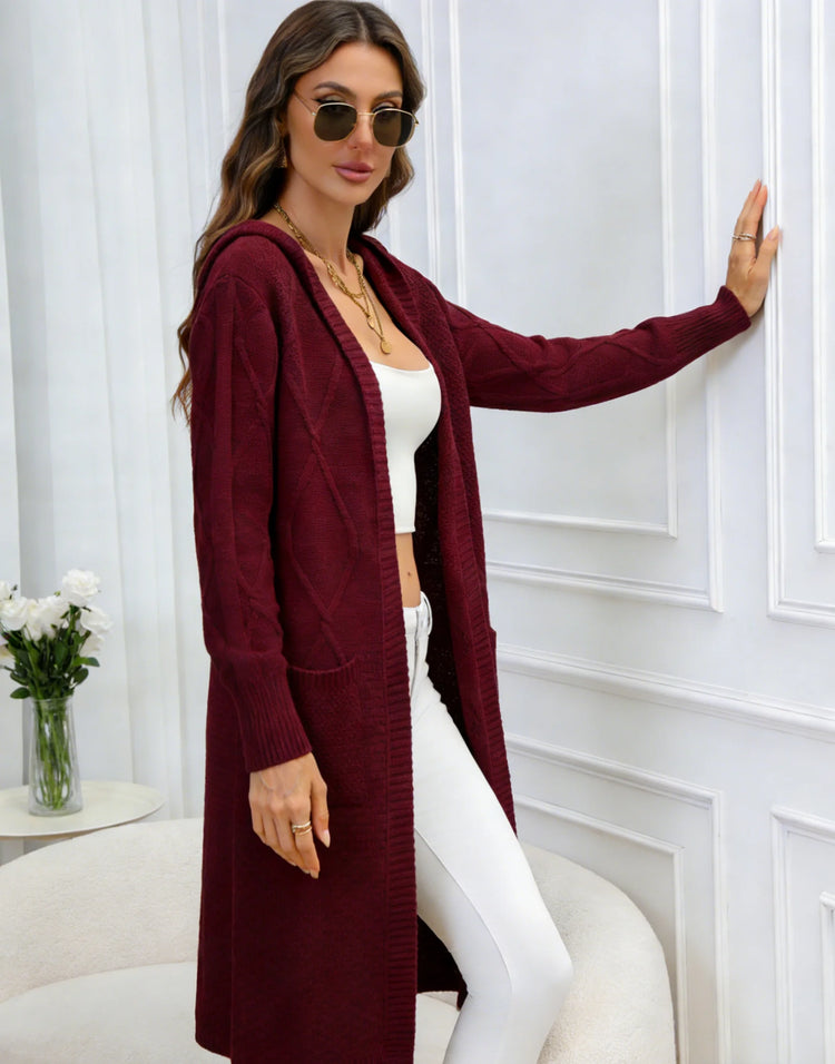 Women's Burgundy Long Hooded Cardigan Open Front Knit Sweater Coat Pockets Casual Loose Fit  Quick Dry for Autumn