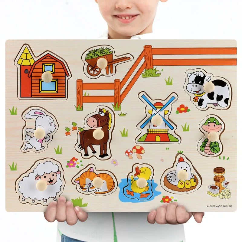 Montessori Wooden Puzzles Hand Grab Boards Toys Tangram Jigsaw Baby Educational Toys Cartoon Vehicle Animals Fruits 3D Puzzles