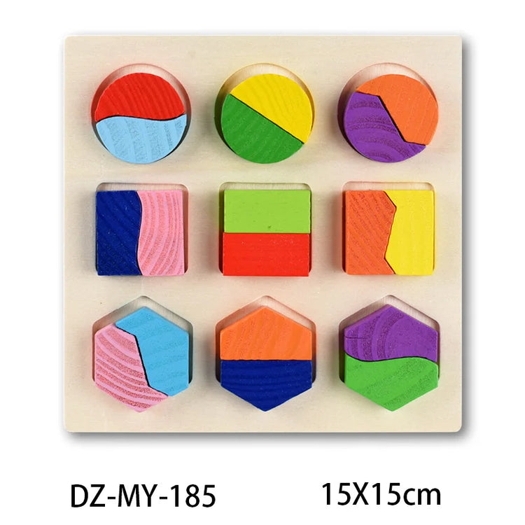 Montessori Wooden Puzzles Hand Grab Boards Toys Tangram Jigsaw Baby Educational Toys Cartoon Vehicle Animals Fruits 3D Puzzles