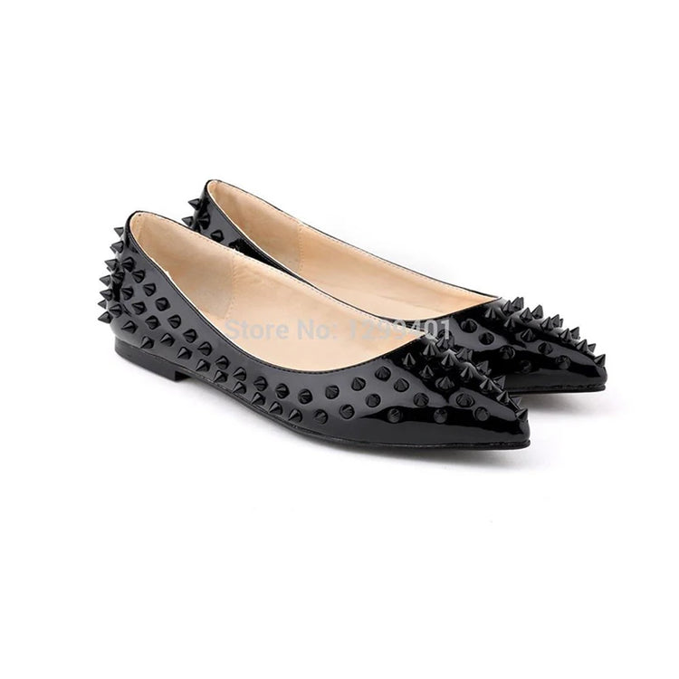 LOSLANDIFEN Womens Ladies Luxury Sexy Pointed Toe Faux Leather Patent Flats Dolly Ballet Rivets Court Shoes