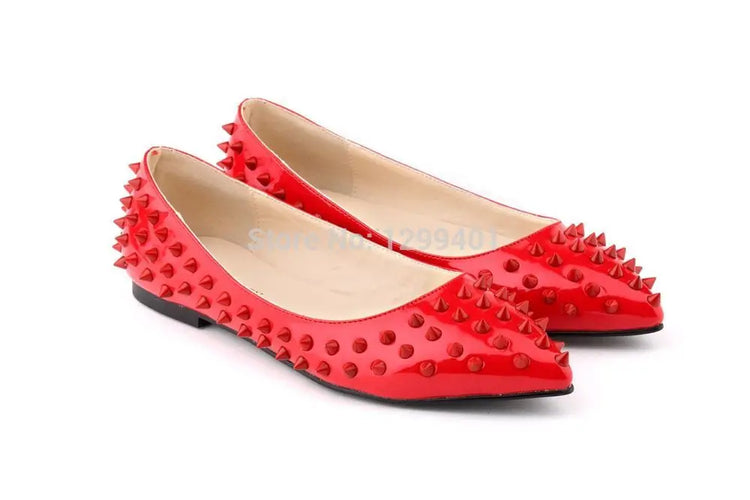 LOSLANDIFEN Womens Ladies Luxury Sexy Pointed Toe Faux Leather Patent Flats Dolly Ballet Rivets Court Shoes