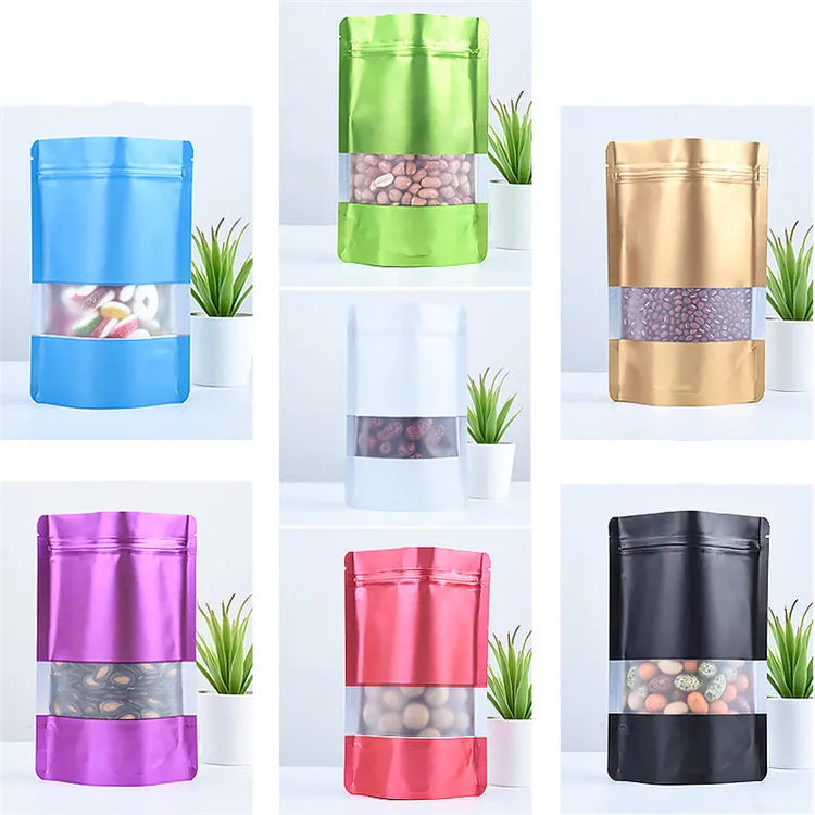 100PCS Stand Up Matte Aluminum Foil Window Ziplock Bag DIY Logo Print Snack Drip Coffee Beans Spice Candy Gift Storage Pouches