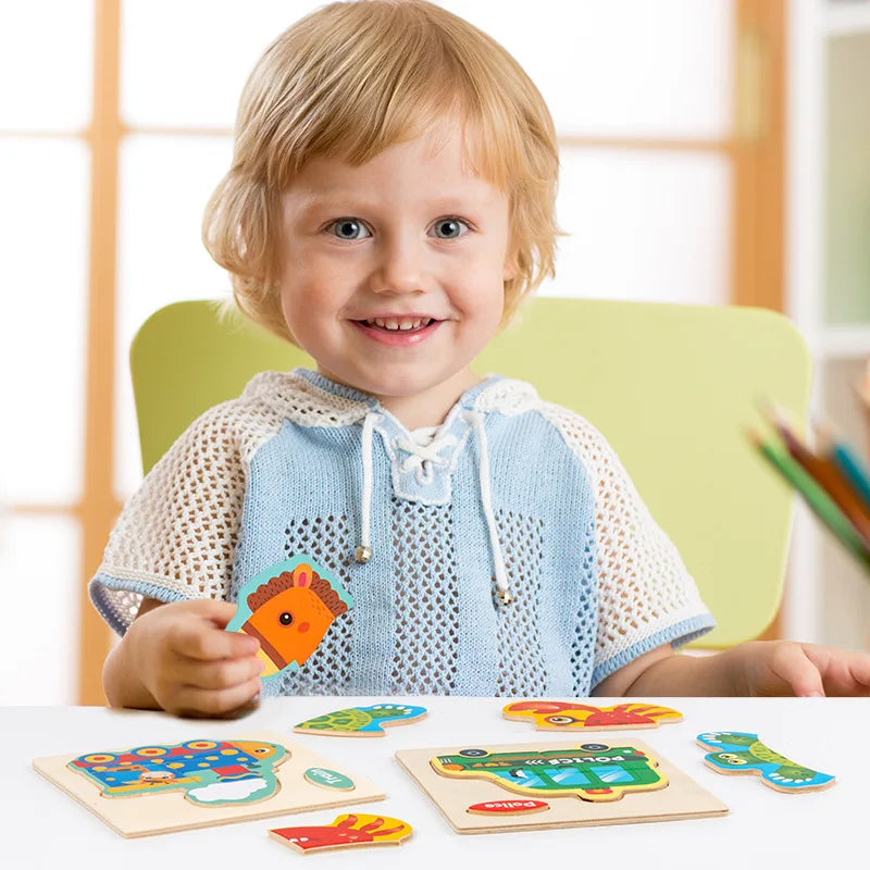 3D Wooden Puzzle Kids Cartoon Animal Traffic Jigsaw Puzzle Montessori Toys for Children Intelligence Early Learning Educational