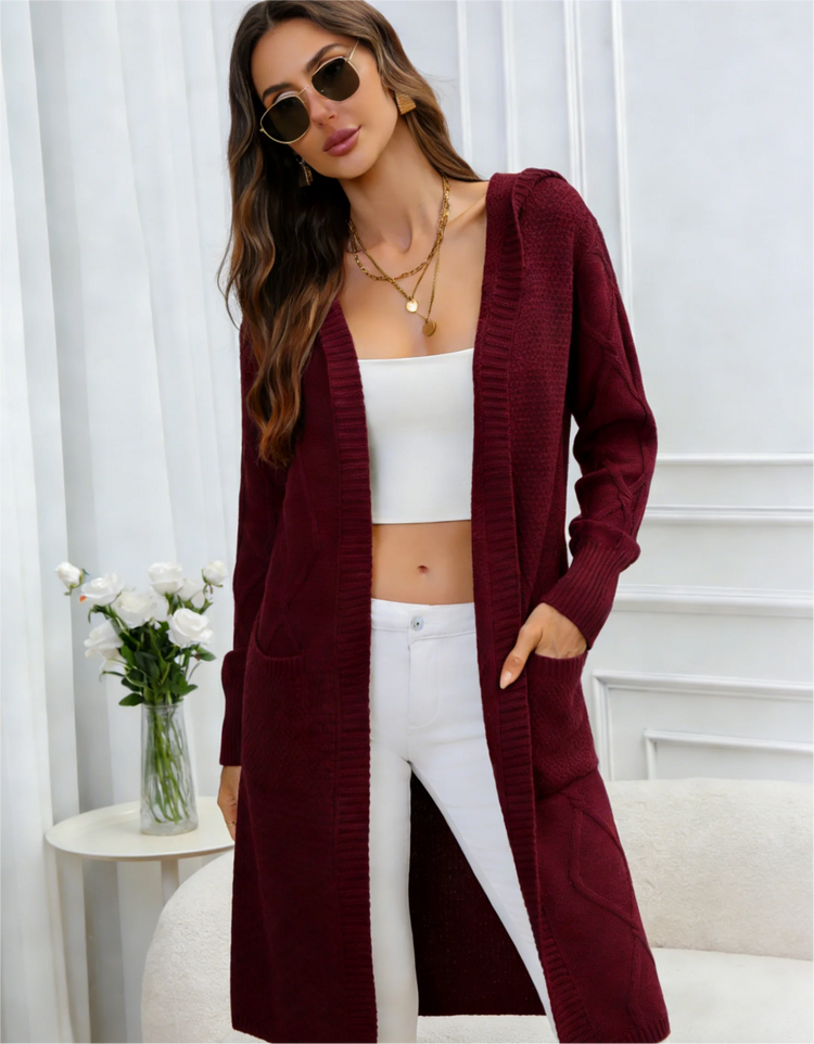 Women's Burgundy Long Hooded Cardigan Open Front Knit Sweater Coat Pockets Casual Loose Fit  Quick Dry for Autumn
