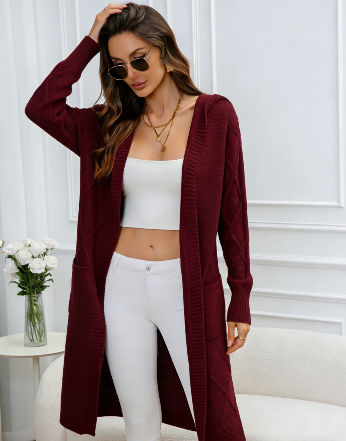 Women's Burgundy Long Hooded Cardigan Open Front Knit Sweater Coat Pockets Casual Loose Fit  Quick Dry for Autumn