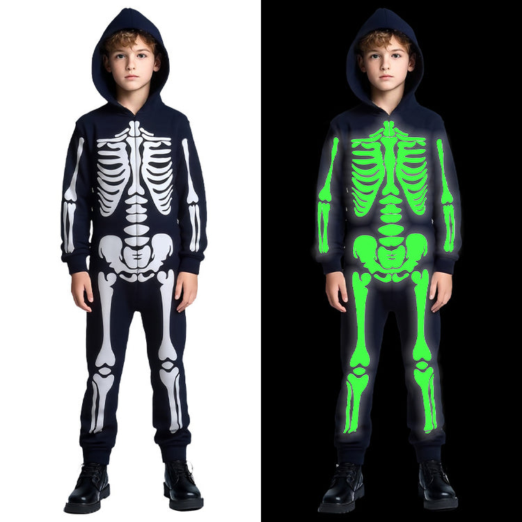 Cross-border Halloween Children's Costume Skull Skeleton White Luminous Ghost Costume Playing One-piece Hooded Costume Costume