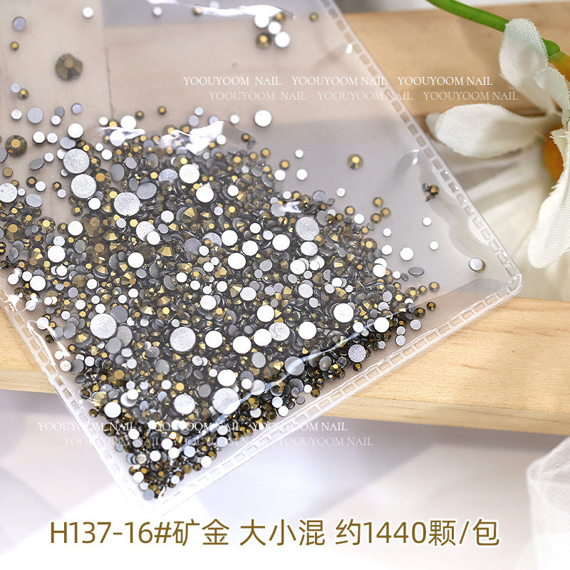 Internet celebrity colorful flat small round diamond nail decoration size mixed glass rhinestone 1440 nail jewelry wholesale