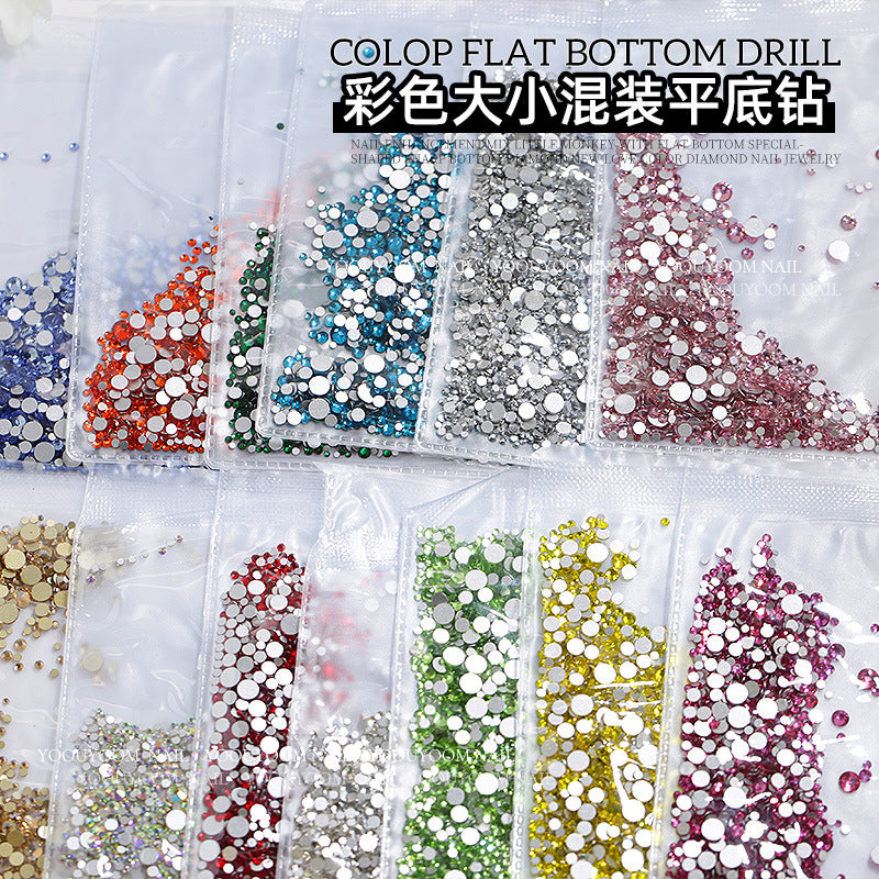 Internet celebrity colorful flat small round diamond nail decoration size mixed glass rhinestone 1440 nail jewelry wholesale