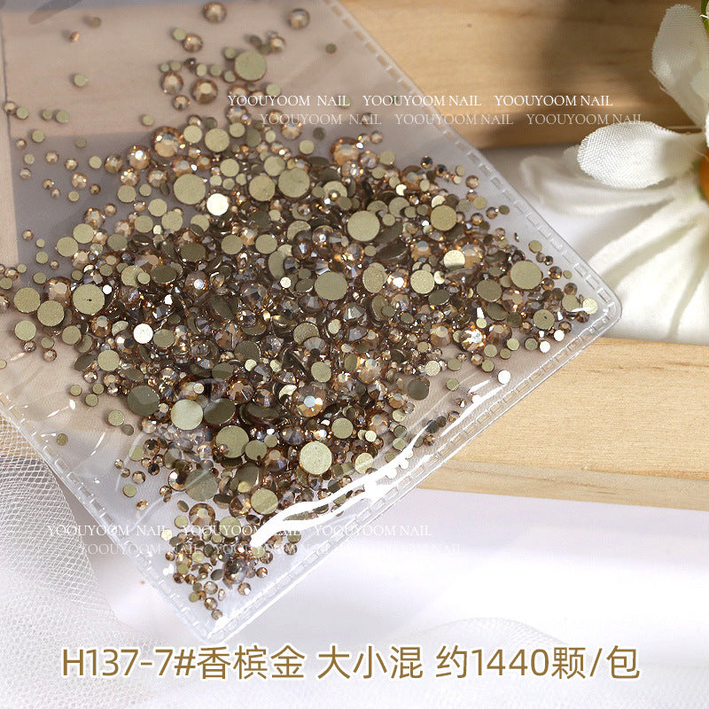 Internet celebrity colorful flat small round diamond nail decoration size mixed glass rhinestone 1440 nail jewelry wholesale