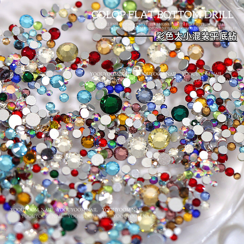 Internet celebrity colorful flat small round diamond nail decoration size mixed glass rhinestone 1440 nail jewelry wholesale