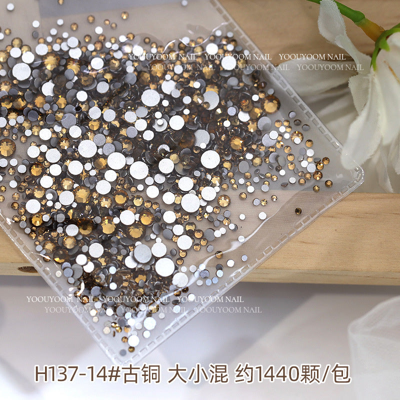 Internet celebrity colorful flat small round diamond nail decoration size mixed glass rhinestone 1440 nail jewelry wholesale
