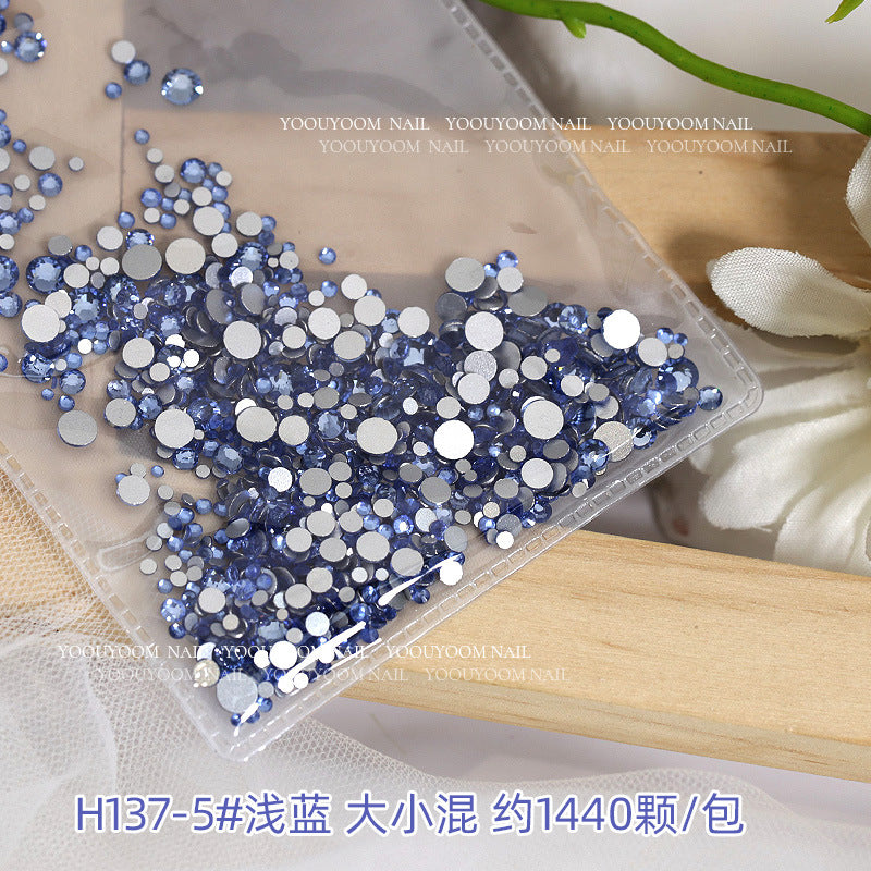 Internet celebrity colorful flat small round diamond nail decoration size mixed glass rhinestone 1440 nail jewelry wholesale