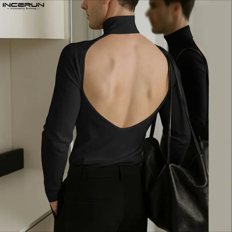 INCERUN Men T Shirt Solid Color Turtleneck Long Sleeve Hollow Out Backless Male Tee Tops Streetwear Fashion Casual Men Clothing