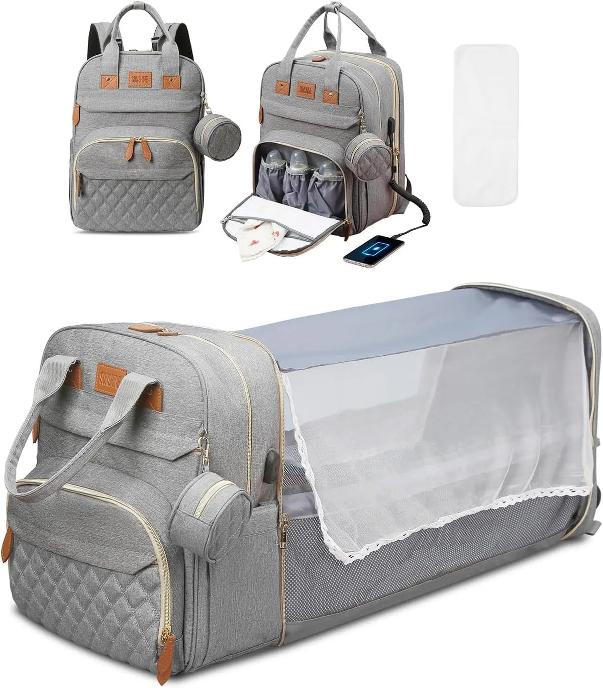 Foldable 3-in-1 Diaper Bag Backpack with USB Charge Waterproof Travel Bag Baby Bed And Changing Mat Included
