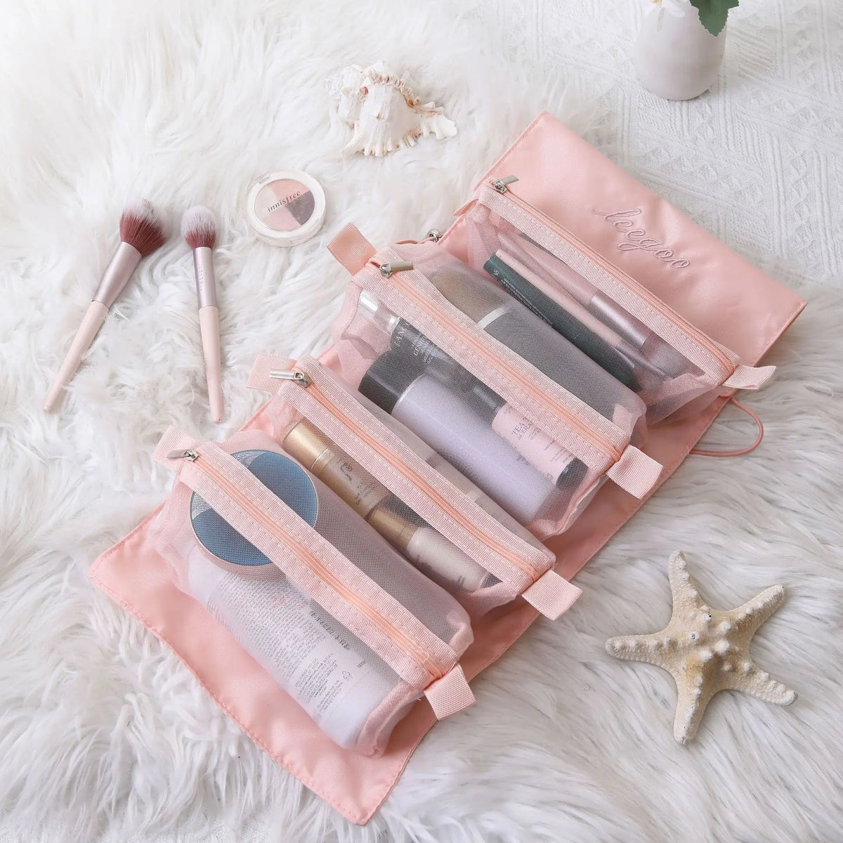 4-in-1 Removable Makeup Bag Foldable Travel Cosmetic Organizer Waterproof Nylon Multi Pocket Toiletry Storage Bag