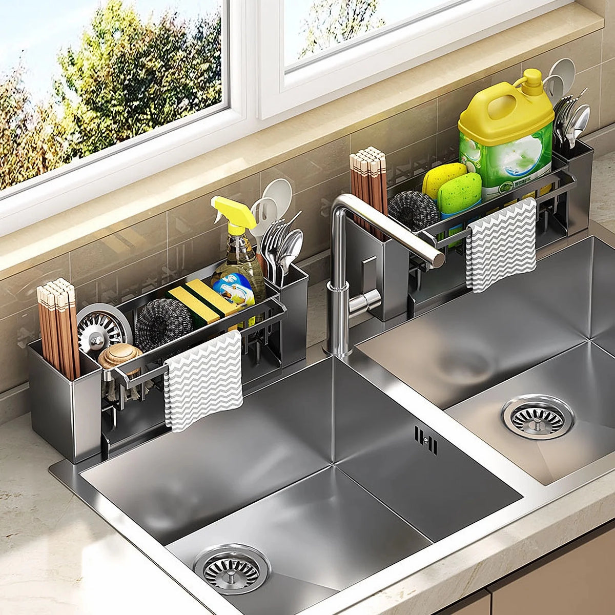 Kitchen Sink Organiser,Kitchen Sponge Holder With Brush Holder,Rag Drain Rack, Bathroom Organizer, Sink Faucet Rack