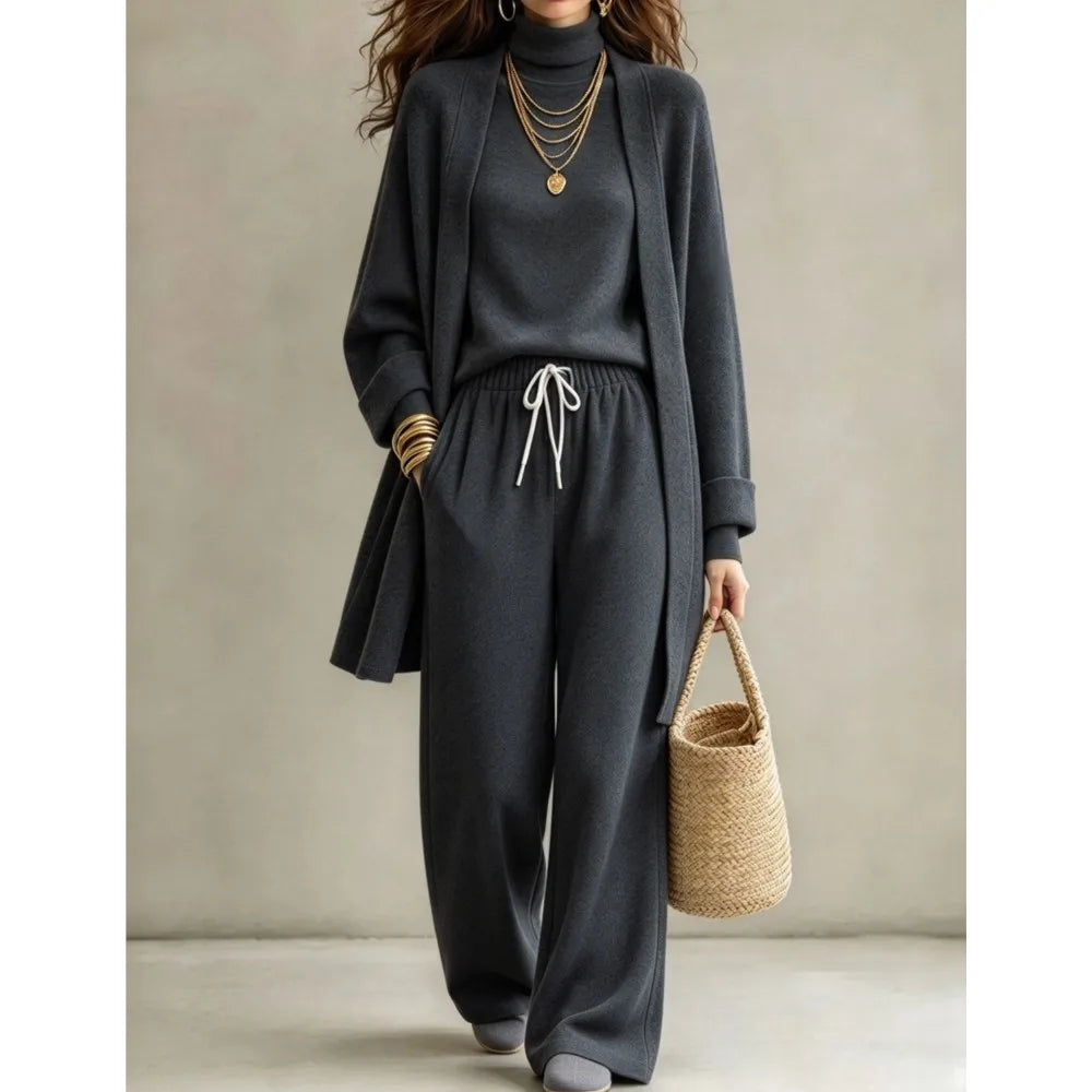 Autumn Winter New Fashion Double-sided Velvet High Collar Base Shirt Long Coat 3-piece Set Women's Casual Warm Wide Leg Suit2026