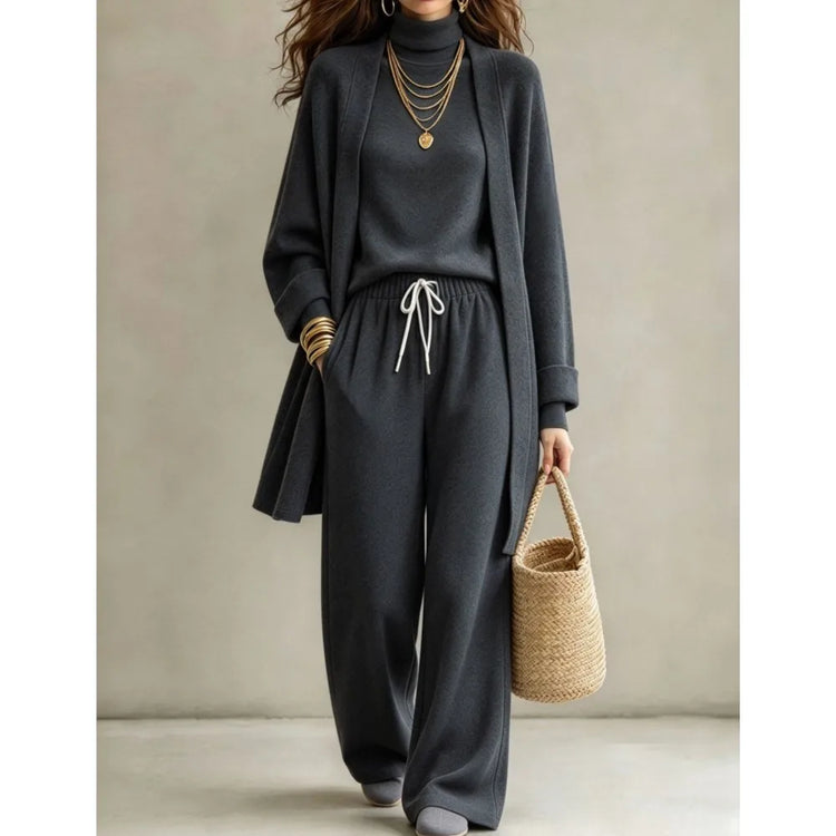 Autumn Winter New Fashion Double-sided Velvet High Collar Base Shirt Long Coat 3-piece Set Women's Casual Warm Wide Leg Suit2026