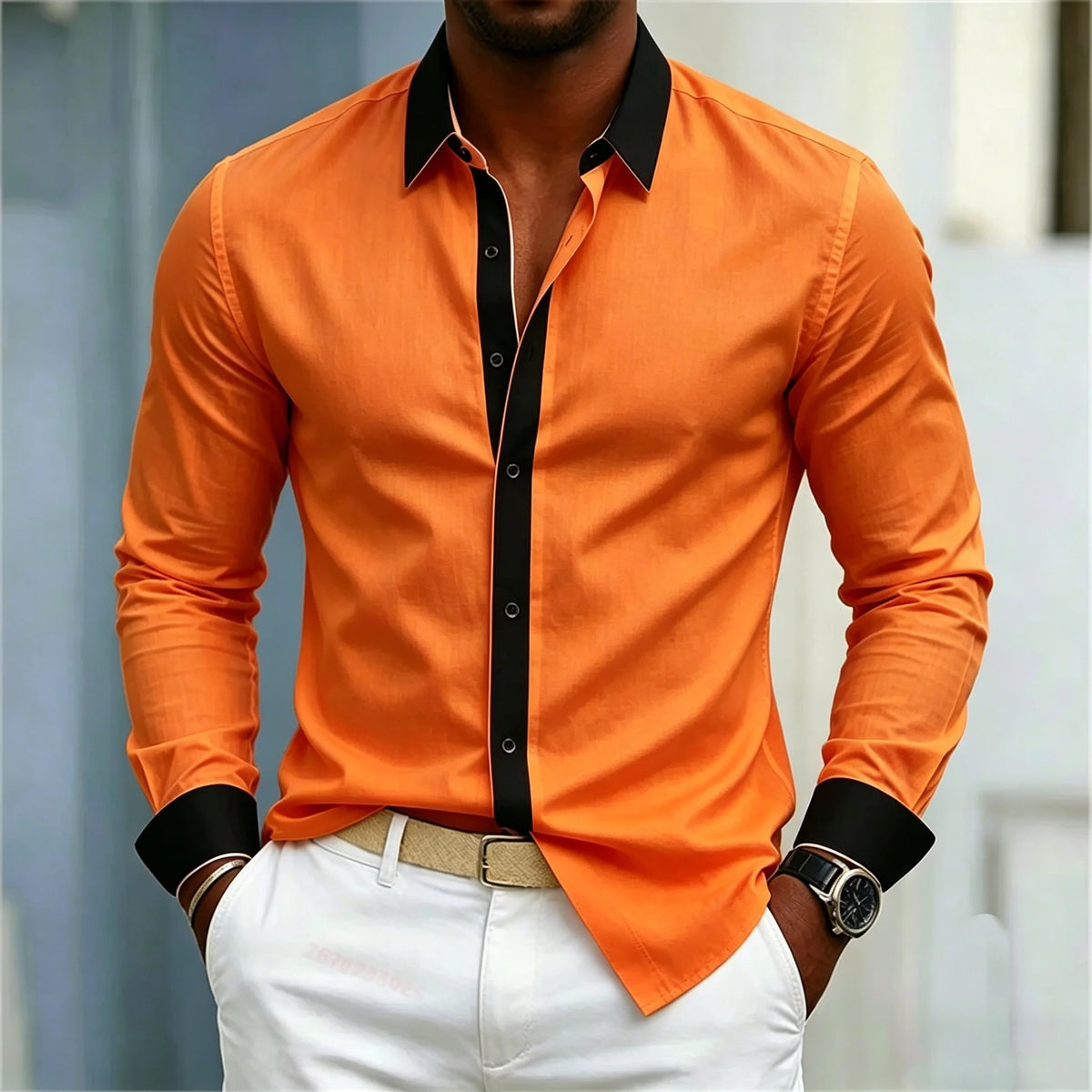 Men's Shirt Black And White Contrasting Splicing Men's Lapel Long Sleeved Shirt Slim Fit Business Casual Men's Top Size