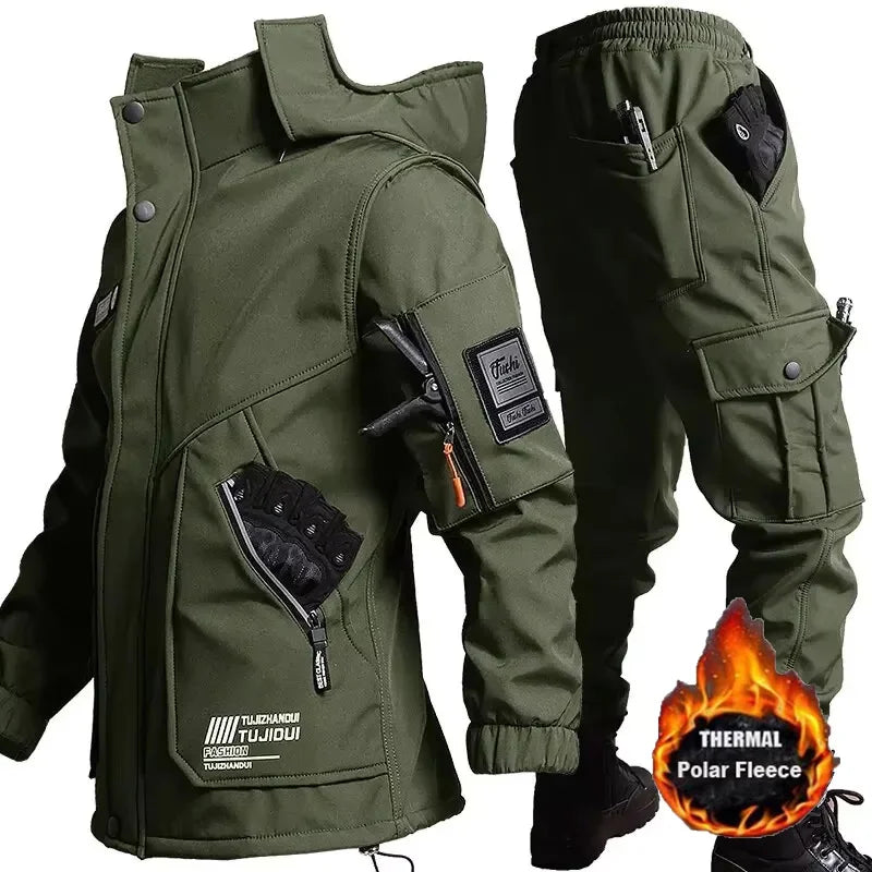 Winter Men Tactical Work Jacket Sets Velvet Thickened Motorcycle Jacket Wear-Resistant Cargo Pants Outdoor Training Tracksuits
