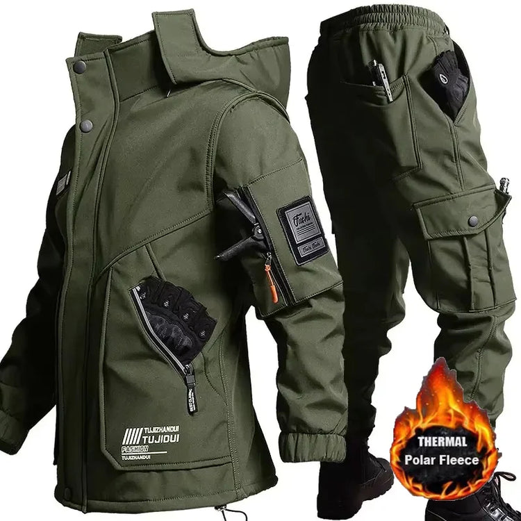 Winter Men Tactical Work Jacket Sets Velvet Thickened Motorcycle Jacket Wear-Resistant Cargo Pants Outdoor Training Tracksuits