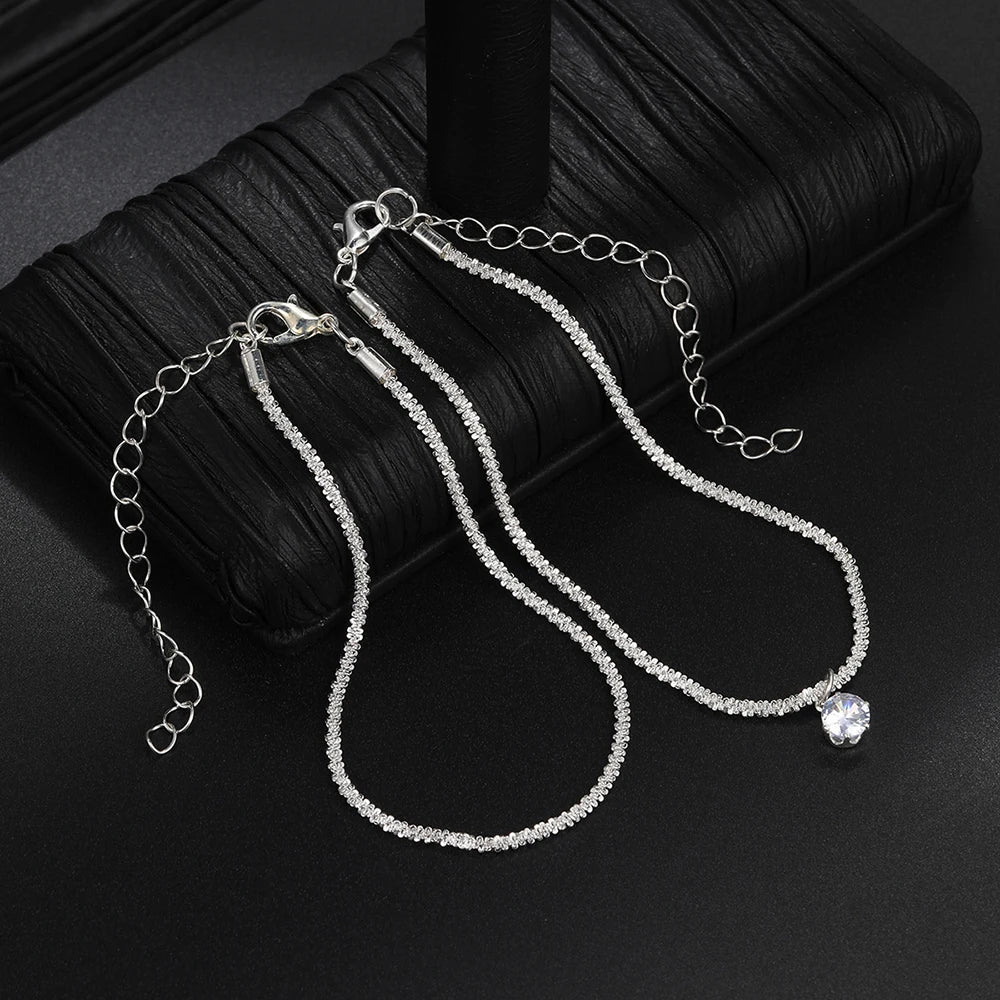 Shiny Silver Color Fashion Zircon Pendant Anklets for Women Girls Two Layers Chain Multi-Layer Beach Foot Jewelry Crystal Gift
