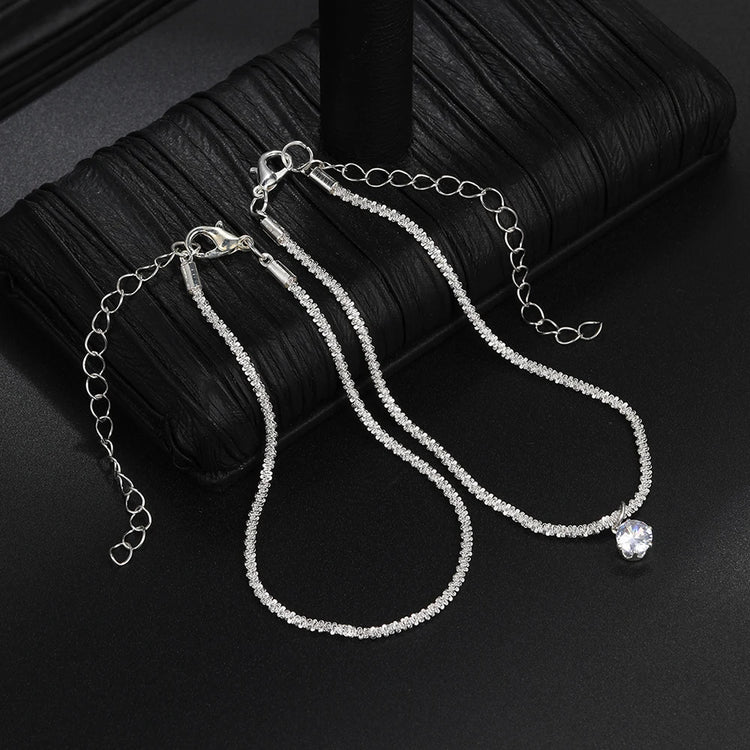 Shiny Silver Color Fashion Zircon Pendant Anklets for Women Girls Two Layers Chain Multi-Layer Beach Foot Jewelry Crystal Gift