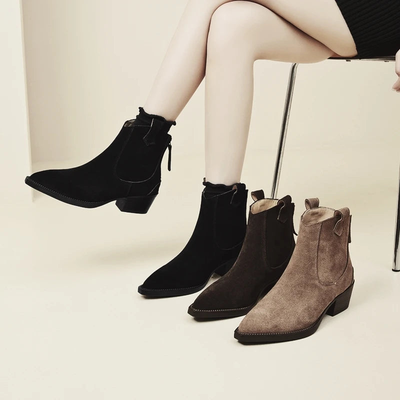 AIYUQI Women's Ankle Boots 2026 New Pointed Toe Zippered Western Cowboy Boots For Women Block Heel Work Boots Female
