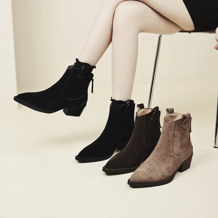 AIYUQI Women's Ankle Boots 2026 New Pointed Toe Zippered Western Cowboy Boots For Women Block Heel Work Boots Female