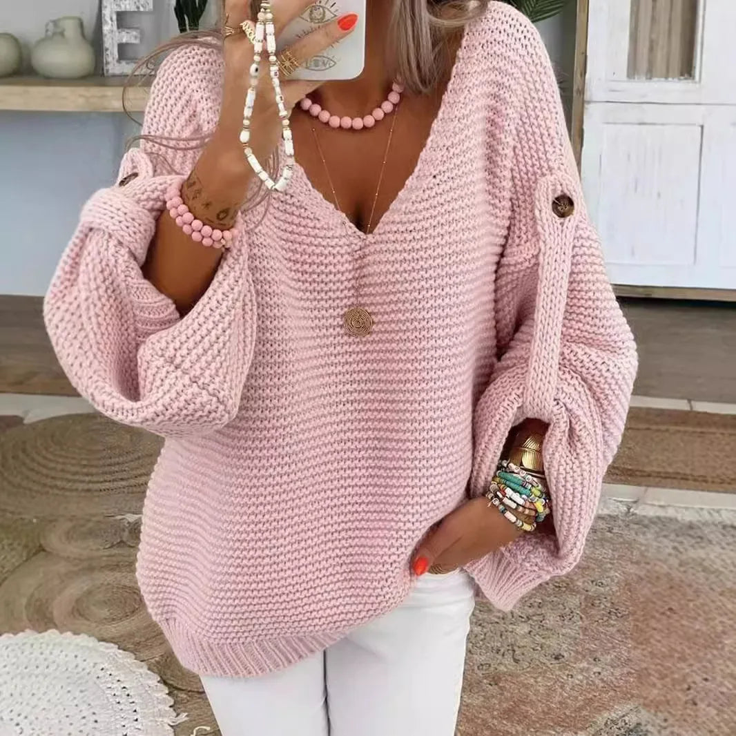 Casual Knitted V Neck Sweater Fall Winter Fashion Button Warm Commuter Jumper Elegant Solid Adjustable Long Sleeve Pullover