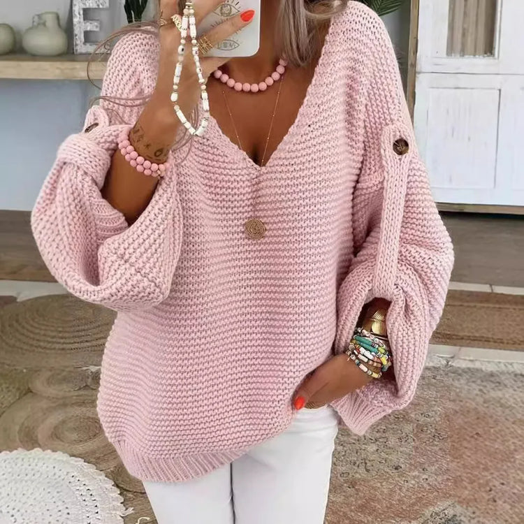 Casual Knitted V Neck Sweater Fall Winter Fashion Button Warm Commuter Jumper Elegant Solid Adjustable Long Sleeve Pullover