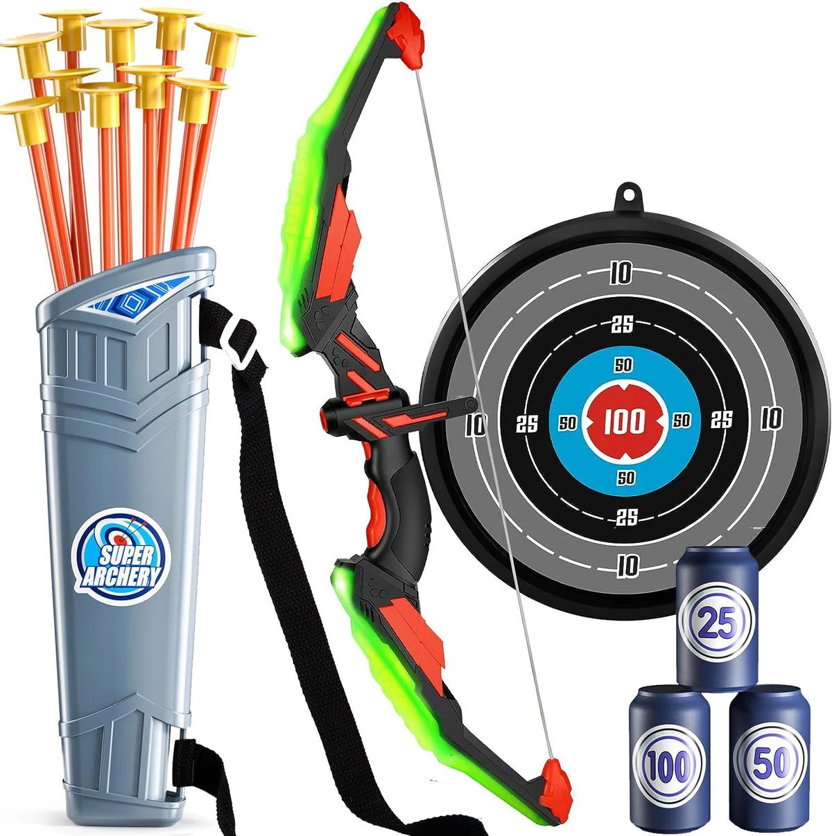 LED Light Up Bow and Arrow Set for Kids, 10 Suction Cup Arrows with Target & Quiver, Ages 4-14 Boys and Girls Toys