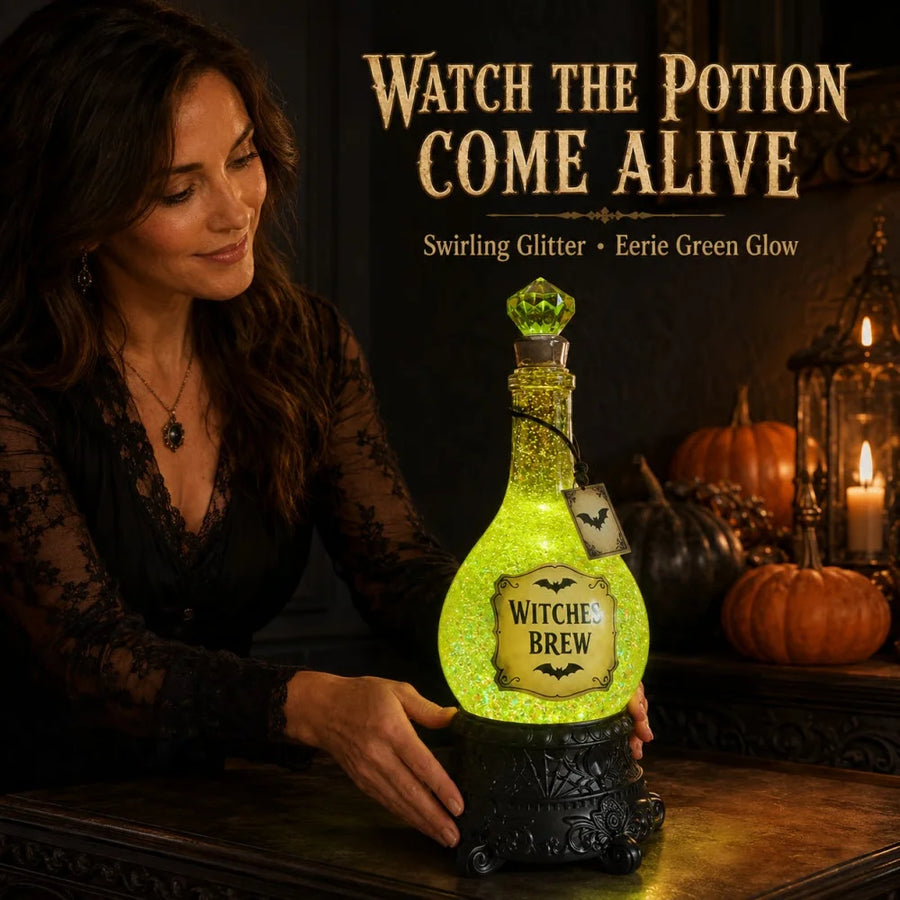 Funny Witches' Brew Potion Bottle Glitter Globe with Led Lights Resin Sparkling Powder Bottle Crafts Halloween Party Decoration