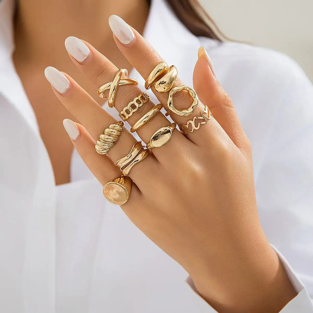 10PCS Fashion Retro Smooth Lrregular Waterdrop Opening Women's Ring Set, Creative Women's Ring Daily Wear Gift, Wholesale Availa