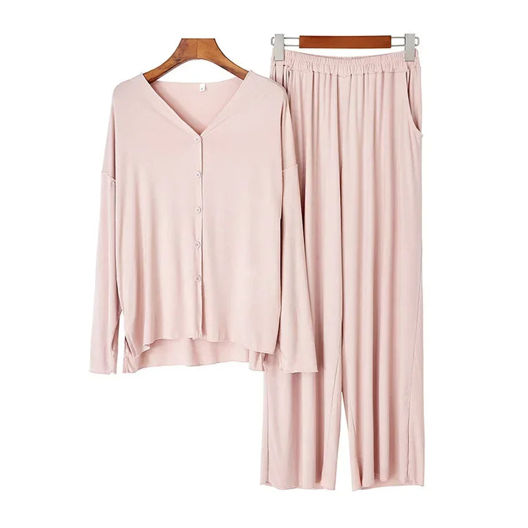 Japanese New Style Cotton Pajamas Suit Ladies Spring And Autumn Cardigan Solid Color Long-sleeved Trousers Home Service Suit