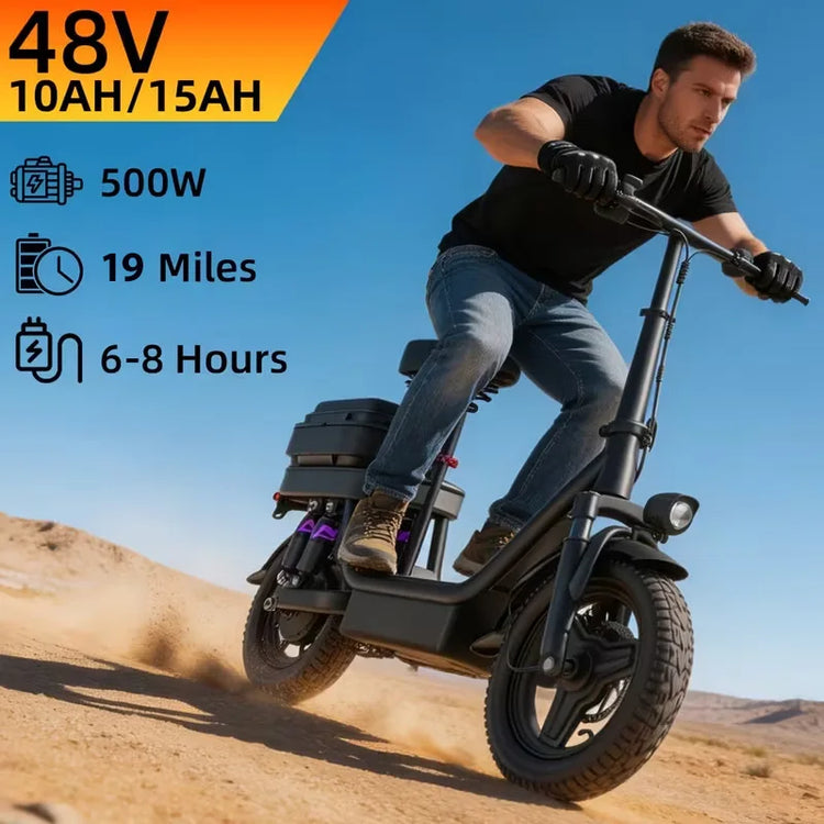 UPlee GQ8 Electric Bike For Adults 500W Scooter EBike With 14" Tire 48V 15AH LED