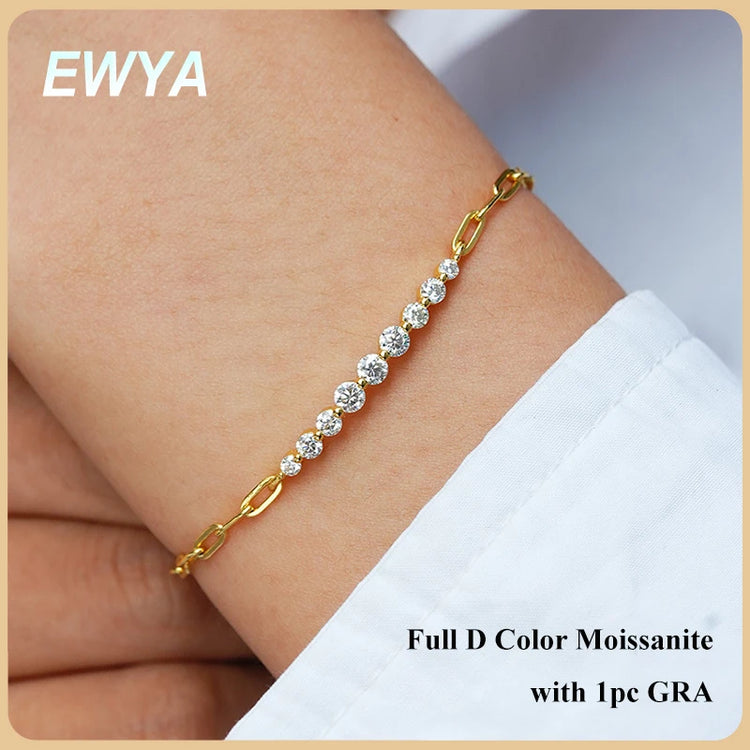 EWYA Micro Full 2/2.5/3mm D Color Moissanite Diamond Tennis Bracelet for Woman 925 Silver Plated 18k Adjustable Link Bracelets