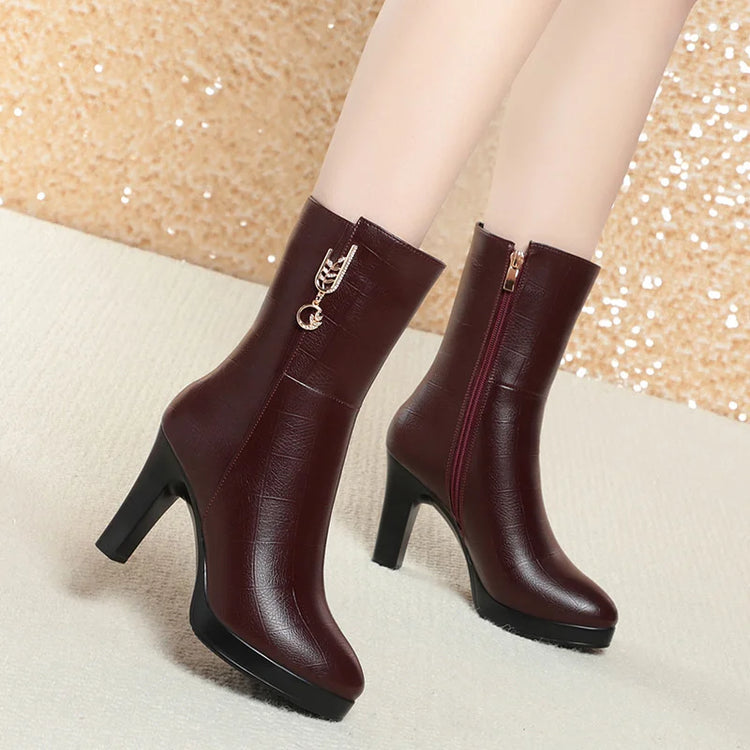 Women's Autumn Winter Fashion Leather Boots Warm High-heeled Plush Trend Mid-calf Zipper Round Head Mother Cotton Boots Outdoor