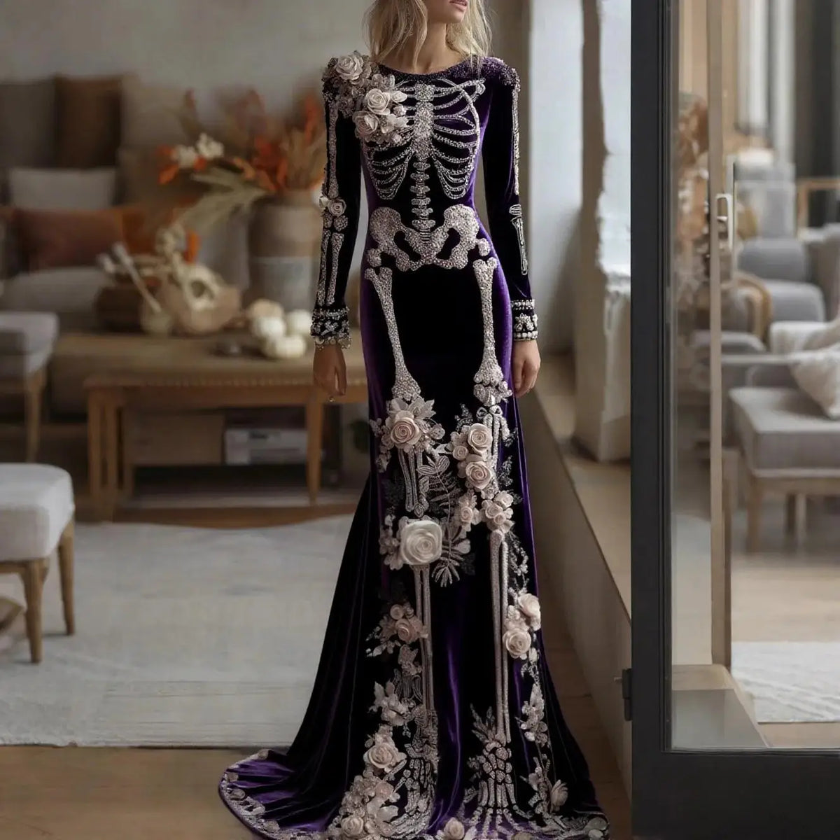 Halloween White Bone Skeleton Embroidered Long Sleeved Dress, Dark Rose Three-dimensional Flower Slimming Holiday Party Dress
