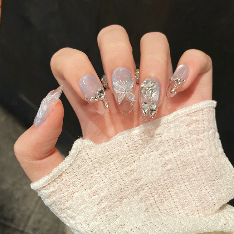 10pc Cat Eye Almond Handmade Press on Nails Light Blue Bow Fake Nails False Nails Artificial Nail Wearable Nail Tips Art Uñas